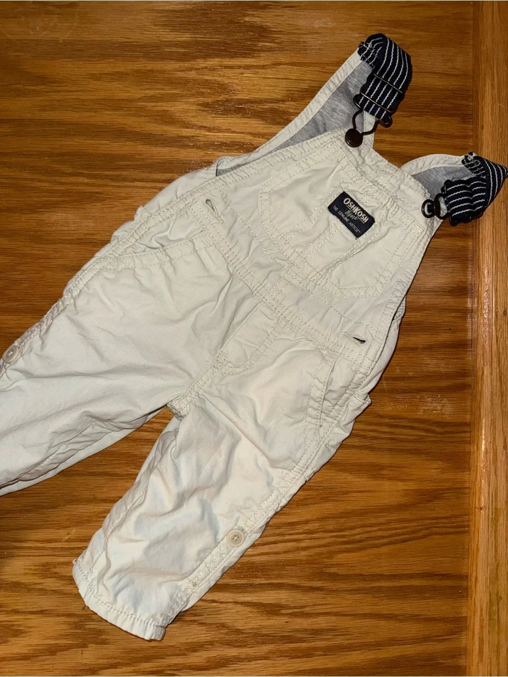 OshKosh B'gosh Cream Overalls with Navy Stripe Straps